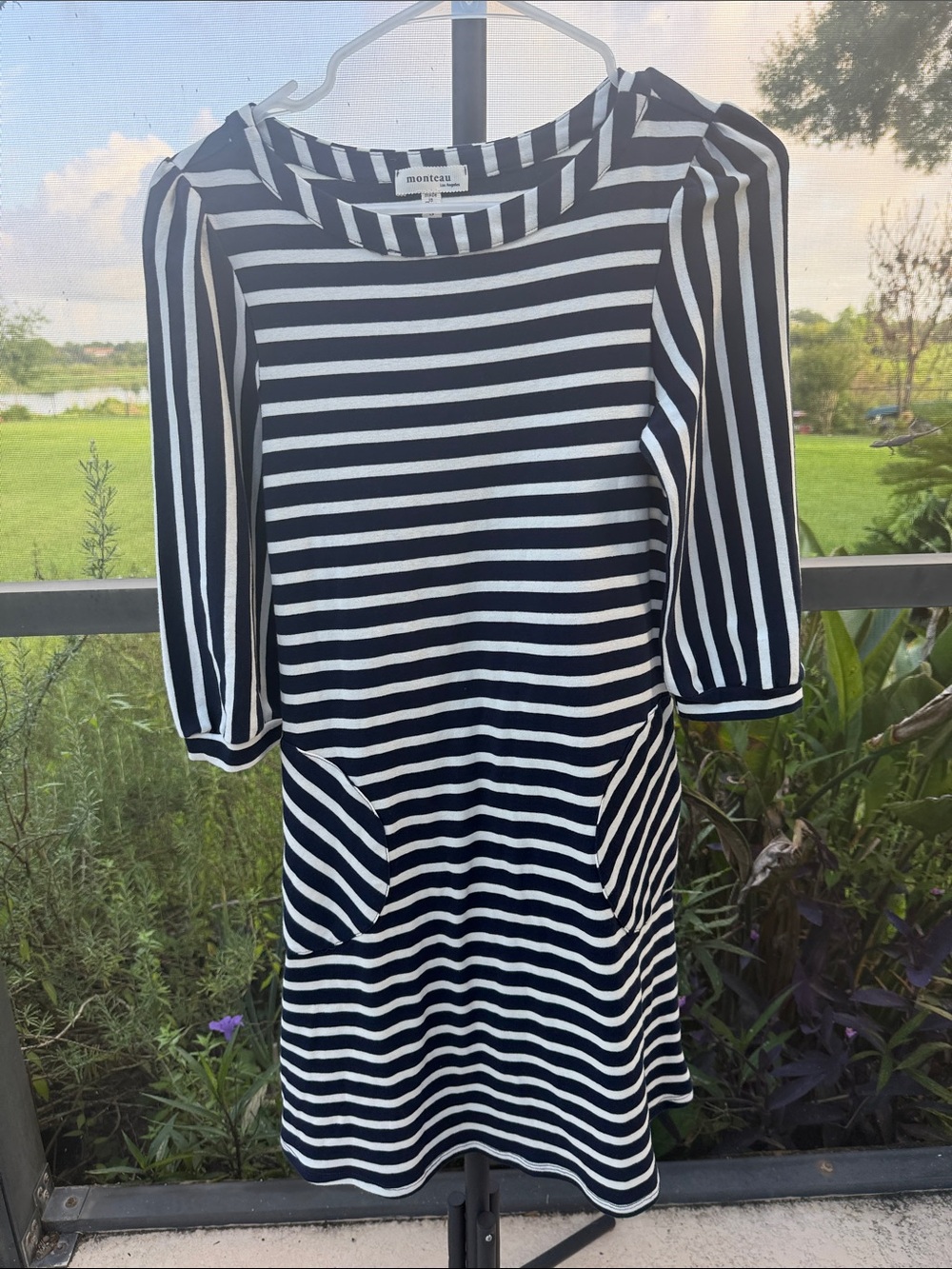 Monteau Navy & White Striped Midi Dress with Pockets